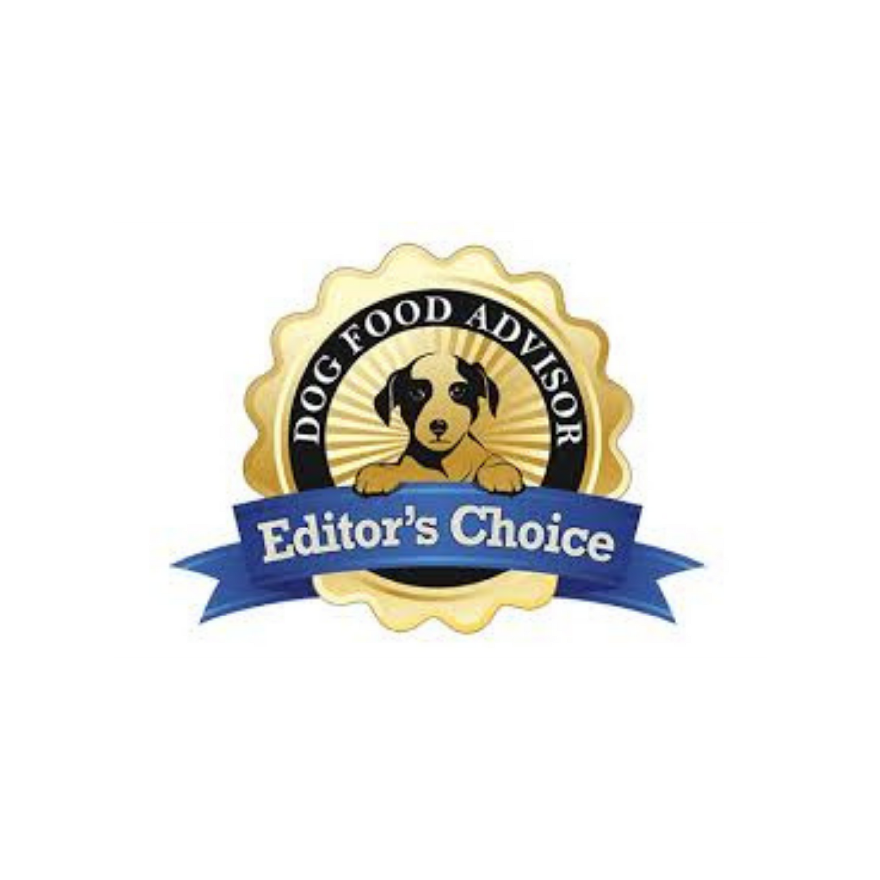Dog Food Advisor Editor's Choice badge with a gold border and blue ribbon on a white background