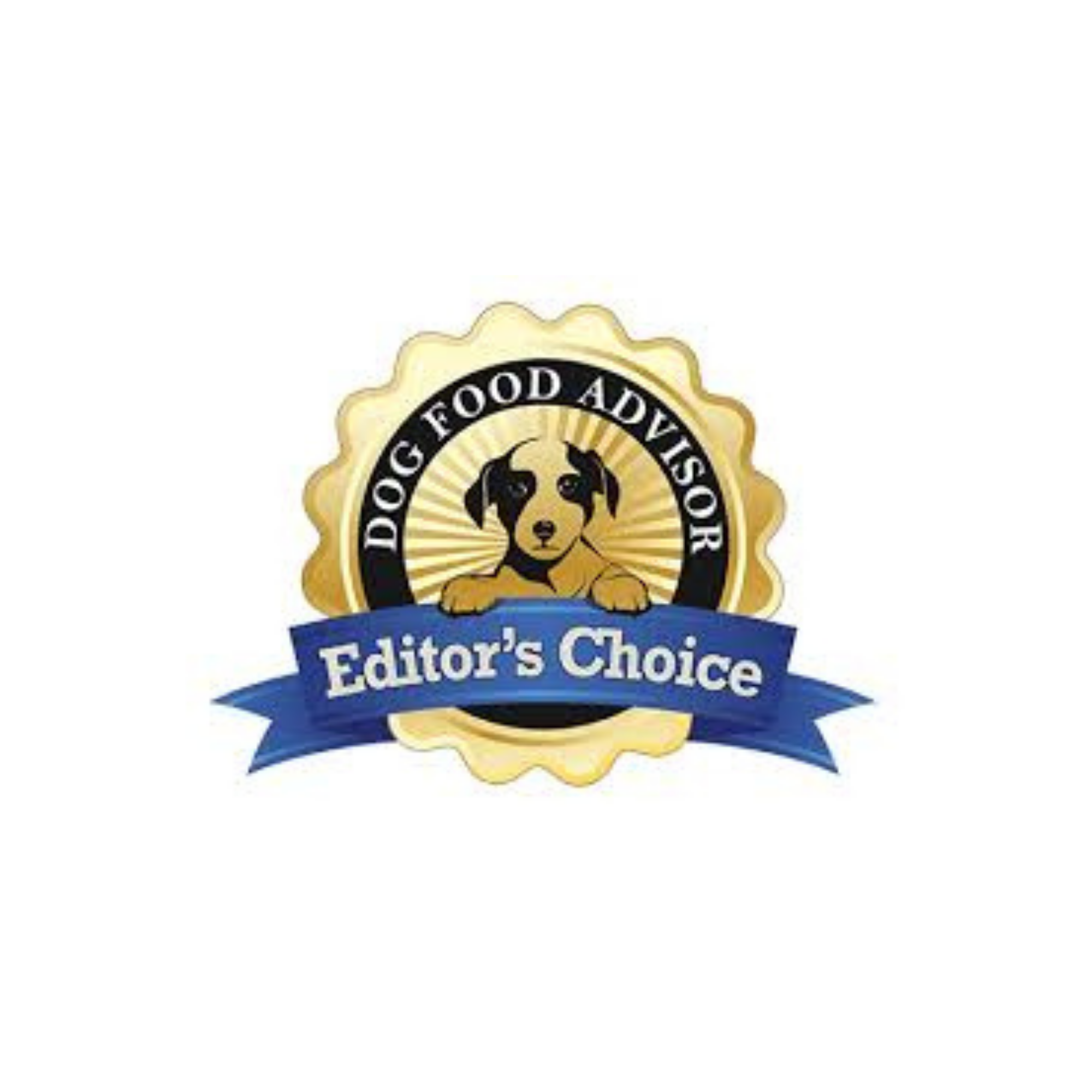 Dog Food Advisor Editor's Choice badge with a gold border and blue ribbon on a white background