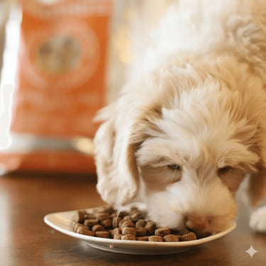 Puppy eating from a plate of dog food with a bag of dog food in the background.