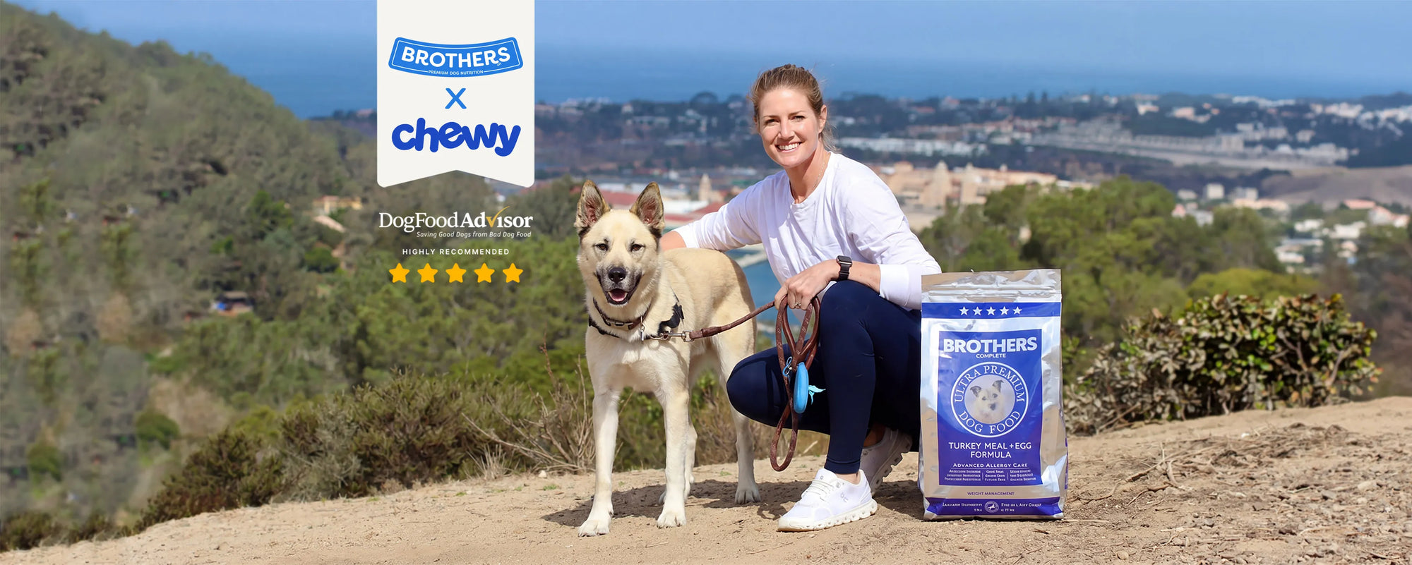 Woman with a dog and Brothers dog food packaging on a scenic background