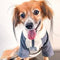 Dog wearing a sweater with a heart design on a white background