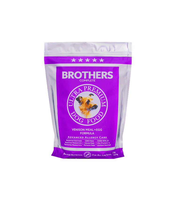 image of 5 lb. silver and purple bag of Brothers Venison Meal and Egg Formula