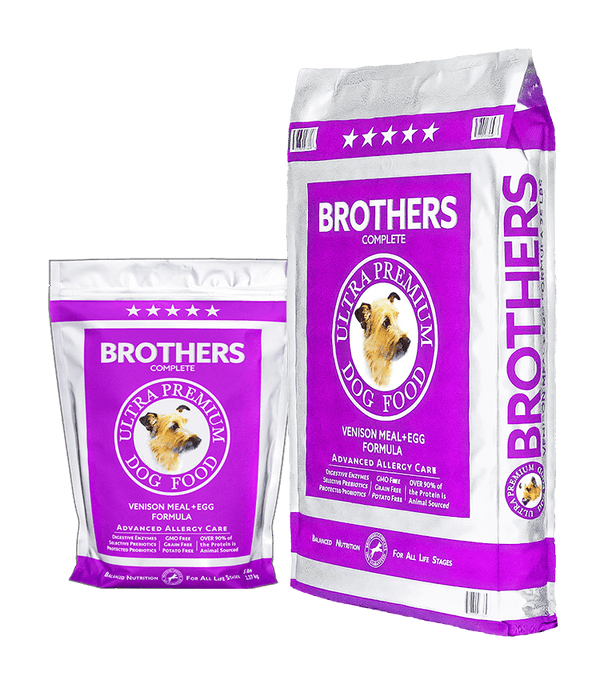 image of 5 lb and  25 lb. purple and silver bag of Brothers Venison Meal and Egg Formula