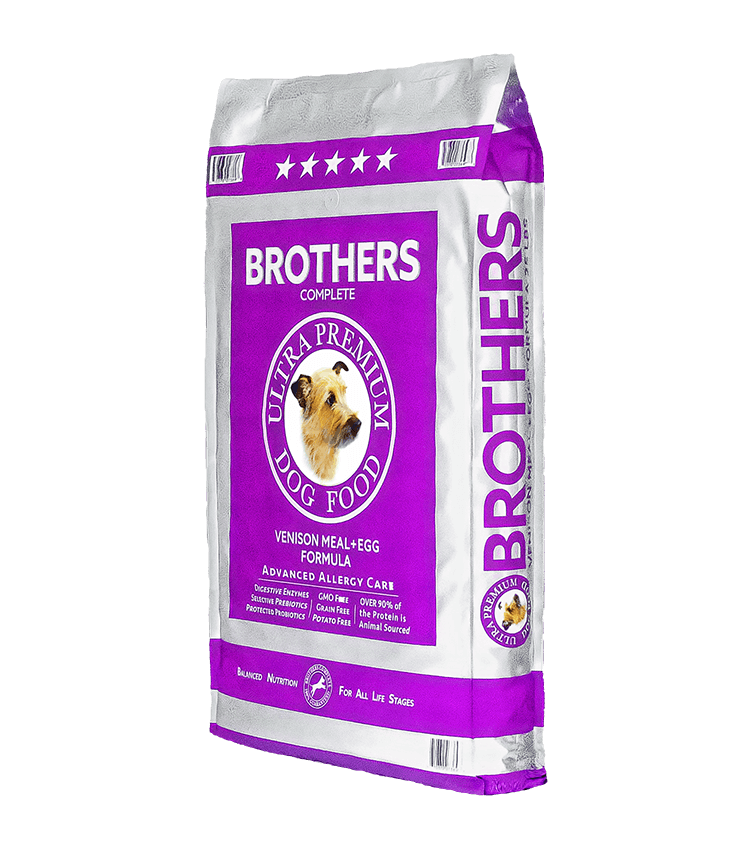 image of 25 lb purple and silver bag of Brothers Venison Meal and Egg Formula